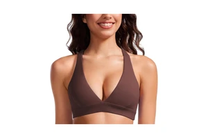 CRZ YOGA Butterluxe Breathable High Support Deep V-Neck Spaghetti Strap Criss Cross Padded Wireless Low Coverage Sports Bra for