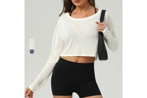 New Women's Plus Size Breathable Lightweight Fitness Sports Long-Sleeved Yoga Tops Casual Versatile Neck Short Backless