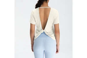Premium Quality Ribbed Modal Open Back Twist Workout T Shirt Short Sleeve Round Neck Yoga Top Casual Sports Gym Tee for Women