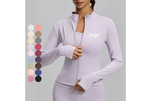 New Women's Slim Fit Solid Breathable Plus Size 3XL Yoga Top Front Logo Long Sleeve Zipper Stand Collar -Yoga Wear Clothings