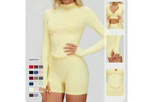 DWT7725 Stand-up Collar Zipper Long-sleeved Yoga Jacket Women's Tight Quick-drying Yoga Wear Outdoor Fitness Sports Top