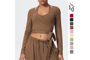 Women's Solid Brushed Quick Dry Tight Crisscross Tie Back V-Neck Long Sleeve Yoga Gym Fitness Sports Top