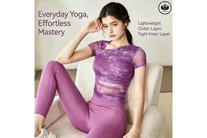 QUMOR V Neck Lightweight Short Sleeve Mesh Breathable Sport Shirt with Fixed Chest Pad Active Yoga Skinny Front Logo