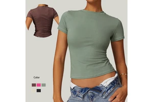 Women Solid Color Biker Outdoor Exercise Tops Lady Casual Round Neck Running Gym Crop Top Female Gather Sports T Shirts