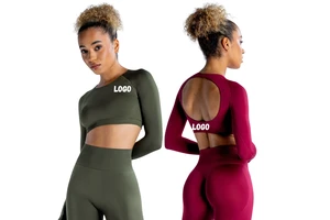Custom Wholesale Athletic Wear Fitness Activewear Women Open-Back Long Sleeve Yoga Crop Top