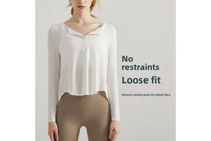 Spring Autumn Yoga Suit for Solid Long-sleeved Loose High-end Sense for Sweat-Wicking Open Collar Running Fitness Top Women
