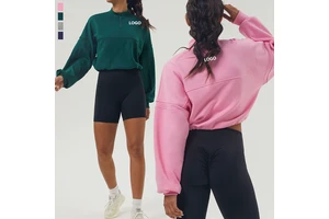 XW-2440 Half Zip Collar Women's Blouse Rib Patchwork Sportswear Plus Size Top Adjustable Hem Fitness Long Sleeve Yoga Hoodie