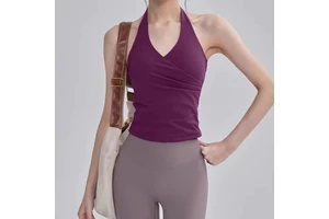 Custom Women's Halter Yoga Top, Backless Sleeveless Workout Tank with Built-in Bra, V Neck Fitness Activewear for Gym Pilates