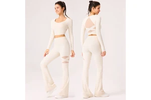 Ladies Sexy Backless Gym Fitness Set Long Sleeves Crop Top High Waist Flare Pants Mesh Pilates Yoga Suit