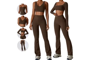 Women Sports Gym Wear Workout Set Tights Crop Top 2 Pieces Seamless Long Sleeve Fitness Yoga Set Acid Wash Badge Sequined