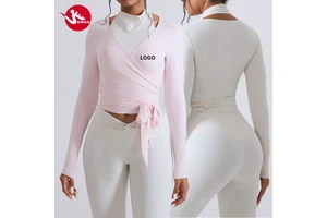 Women's New Lady Ballet Style Long Sleeve Slim Cross Gather Crop V Neck Top Solid Color Running Fitness Shirt for Gym & Workout