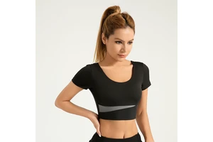 Exclusive Nude Feel Midriff-Baring Yoga Top for Women Quick Dry Sports Fitness Wear Short Sleeve Chest Pad Color Block