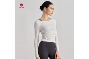 Women's Modal Ribbed Bare-Feel Yoga Top - Ruched, Slim-Fitting, Crew Neck, Long-Sleeve with Thumb Holes for Workout