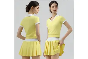 Ladies Summer Golf Tennis Wear Suit Color-Blocked Neck Short Sleeves Top & Pleated Skirt Active Wear Gym Fitness Yoga Set
