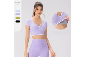 Women Short Yoga Clothes Sport Short Sleeves with Chest Pads Shock-absorbing Running Pilates Training Tops Tight Sports T-shirts
