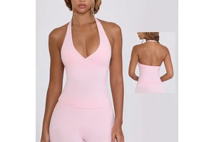 Women's Breathable Lightweight Backless Vest Solid Color V-Neck Sleeveless Yoga Shirt with Front Logo Fashion Design