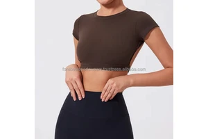 Crew Neck Crop Top Short Sleeve Solid Colour Spandex Polyester Yoga Wear for Women Breathable Four-Way Stretch
