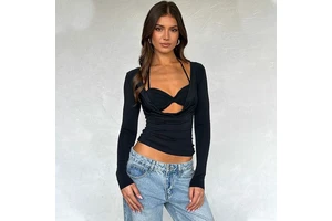 Fashionable Sexy Spicy Girl Long Sleeved Yoga Top with Exposed Navel and Tie-Up Collar