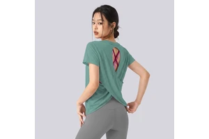 Wholesale Women's Cross Back Cutout Yoga T-shirt Lightweight Sheer Short Sleeve Workout Tee Quick Dry Training Pilates Top