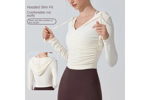 European American Cross-border Hooded Yoga Suit Long-sleeved Waist Slimming Running Sports Blouse Breathable Pilates Front