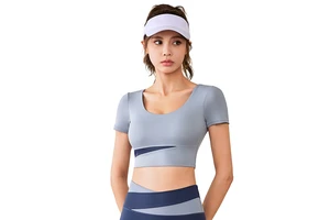 Nude-Feel Lightweight Breathable Spandex/Polyester Cropped Yoga Top Women Sports Short-Sleeve Crew Neck Heat-Transfer Printed