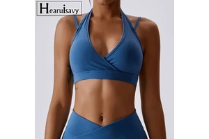 Sexy High Impact Sports Bra for Women Gym Wear Shockproof Solid Deep V Shape Tight Halter Running Fitness Tank Top Yoga Clothes