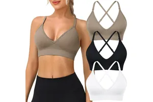 Sports Bras For Women Deep V Neck Criss Cross Back Padded Adjustable Spaghetti Strap Yoga Fitness Bralettes 3 Pack