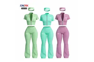 Custom Zipper Yoga Top and High Waist Flare Pants Set Fitness Activewear Workout Tall Girl Friendly 2 Piece Women Sportswear