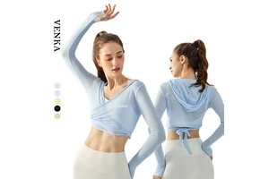Women's Slim Fit Casual Yoga Long Sleeve Hooded Fitness T-Shirt Breathable V-Neckline Top with Seamless Design Plus Size Options