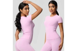 Solid Pattern Short Sleeve Active Female High Stretch Quick Drying Running Breathable Outdoor Gym Crop Shirt