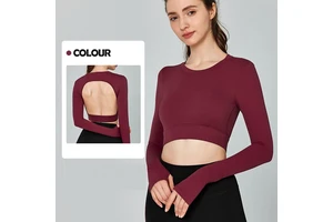 Womens Compression Tee Sexy Open Back Workout Gym Shirts Fitness Pilates Yoga Sport Plain Long Sleeve Crop Tops