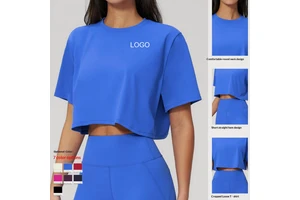 Hot Selling European American Style Sports Short-Sleeve Yoga Top Cropped Loose-Fit Round-Neck T-Shirt Moisture Wicking Nylon