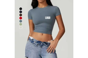 Custom Women's Quick-Dry Crop Top Running Pilates Yoga T-Shirts Solid Color Short Sleeve Lightweight Casual Tight Training Tee