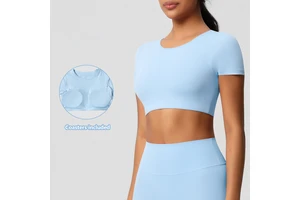 Women's Double-Sided Sanding Short Sleeve Yoga Top Cross-Border Nylon Pilates T-Shirt with Chest Pad for Running & Fitness