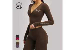 Sexy V Neck Women's Exercise Breathable Athletic Women Sun Quick Dry Activewear Clothing Long Sleeve Yoga Tops With Pad