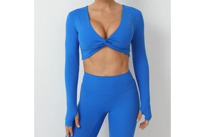 2024 New Arrival Custom Athletic Twist Front Breathable Quick Dry Sexy Crop Top Fitness Yoga Long Sleeve Active Top Nylon