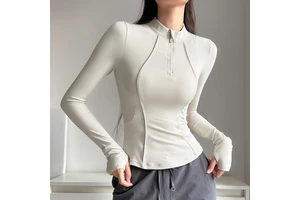 Women's Long-Sleeved Yoga Top Half-Zipper Slimming Quick-Dry Training Fitness Clothing for Spring Autumn Tight Waist Front