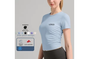 Xsunwing Women Workout Running Gymwear Round Neck T-Shirts Ribbed Yoga Sports Short Sleeve Crop Top Tight Fitness Tops WLWDX03