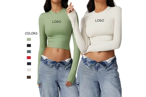 Women Nylon Long Sleeve Yoga Clothes Lady Logo Custom Crop Running Tops Female Lightweight Tight Sportswear