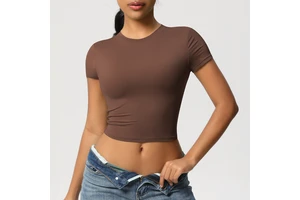 Custom Sporty Women's Slim Fit Short Sleeve Yoga Crop Top Eco-Friendly Milk Silk Crew Neck Breathable Quick Dry Summer