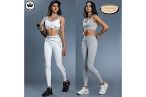 QUMOR Women's Plus Size Color Blocking Active Suit Beautiful Back Sports Bra Crop Top Mid Waist Hip Lift Leggings Breathable