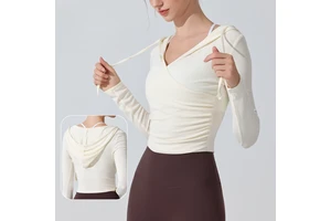 Women's Hooded Wrap V-Neck Ruched Waist Long Sleeve Slim Fit Crop Top Sportswear for Yoga Workout Casual Daily Wear