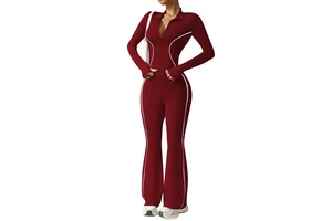 Women's Solid Long Sleeve Zipper Top & Flare Legging Yoga Set-Ultra Soft Breathable Winter Fitness Wear with Front Logo