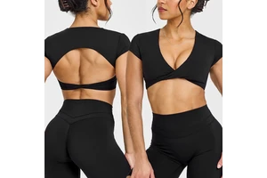 2026 New Trend Summer Women's V-Neck Hollow Back Quick-dry Gym Fitness Quick Dry Casual Yoga Running Sports Short Sleeve Top