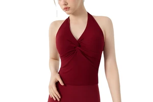 Deep V Halter Neck Vest Fitness Tank Gym Top for Women Twist Compression Yoga Vest Workout Sports Bra