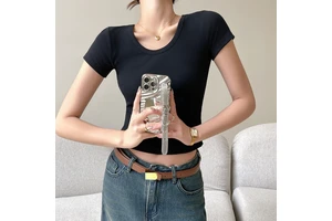 Pure Cotton Threaded Small Round Neck Slim-Fitting Short Bottoming Shirt Women's Inner T-Shirt