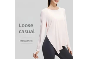 New Ice Silk Solid Color Long Sleeve Yoga Top Cool Breathable Loose Split Blouse