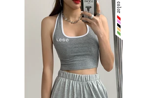 Custom Logo Ladies Sexy Backless Sports Knitted Rib Vest Women Halter Crop Tank Top