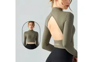 2026 Wholesale Breathable Plus Size Yoga Long Sleeve Fixed Cup Hollow Out Standing Collar Running Shirts & Tops