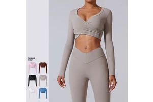 Fall Winter Cross Cascading Sanding Large V-Neck Sports Shirts Long Sleeve Fitness Top Tight Yoga T-shirt